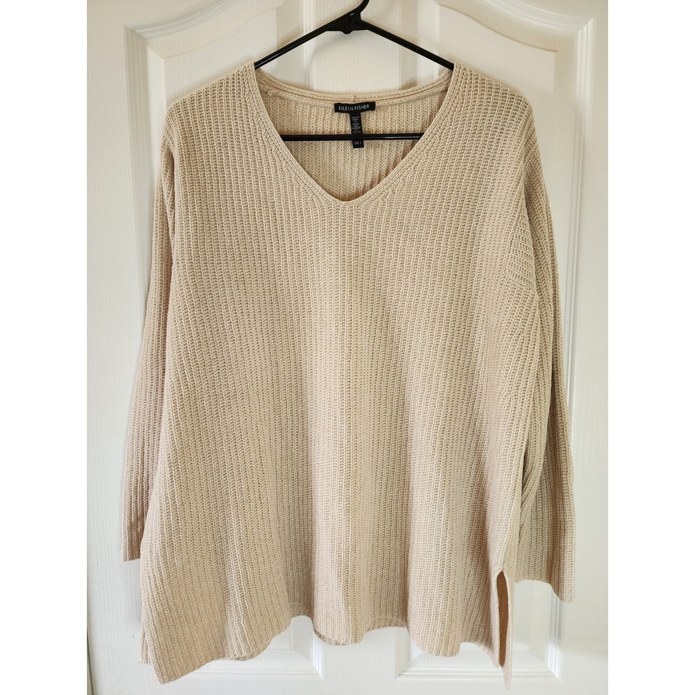 Eileen Fisher Beige Organic Cotton Ribbed V-Neck Sweater Small Italian Yarn